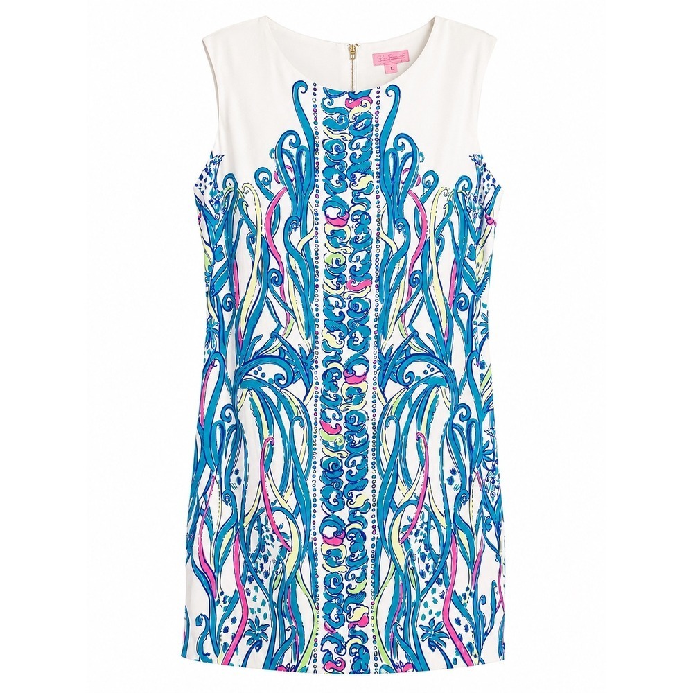 Lilly Pulitzer Iona Shift Dress Size M Long Story Print Lined Silk Feel MSRP 198